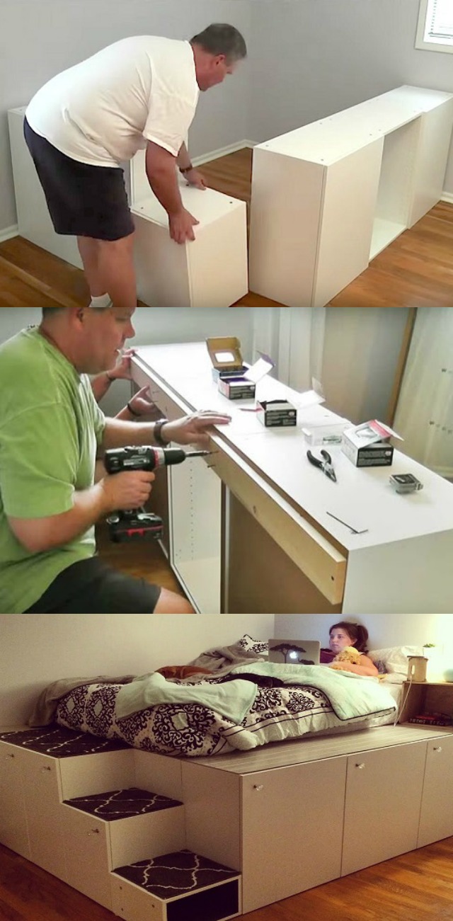 Several IKEA cupboards transformed into the most practical bed in the world